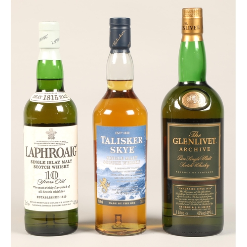 306 - The Glenlivet Archive, pure single malt scotch whisky, 1 litre, 43% vol, Laphroaig Single Islay malt... 