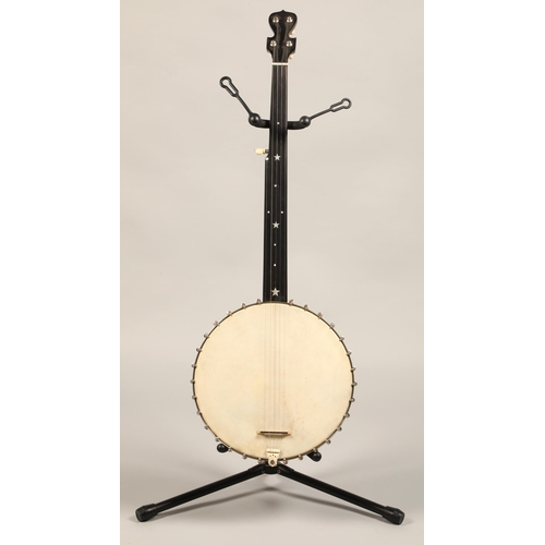 308 - Fretless Banjo, circa 1900,stamped 'Ball B Bevan & co London' with mother of pearl decoration on... 