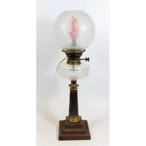 382 - Victorian brass and metal oil lamp, of tapering fluted column form on stepped base, clear glass slic... 