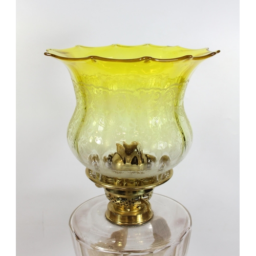 383 - Victorian brass oil lamp, of wrythen Corinthian column form on stepped base, clear slice cut reservo... 