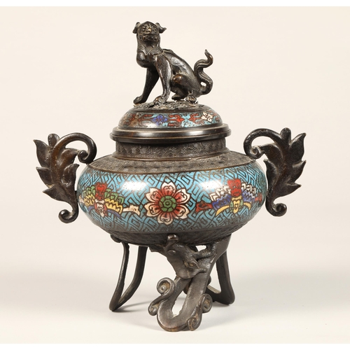 225A - Japanese bronze champleve enamel incense burner, with dog of fo finial.