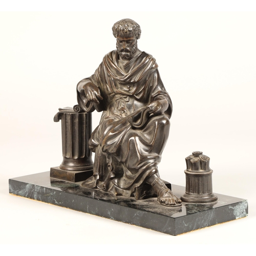 246 - Bronze figure of a Roman noble reading scrolls, on marble base, 33cm long,25cm high.