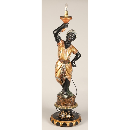 262 - Blackamoor figure converted in to a lamp, depicting a lady in golden robes holding a lamp, 97 cm hig... 