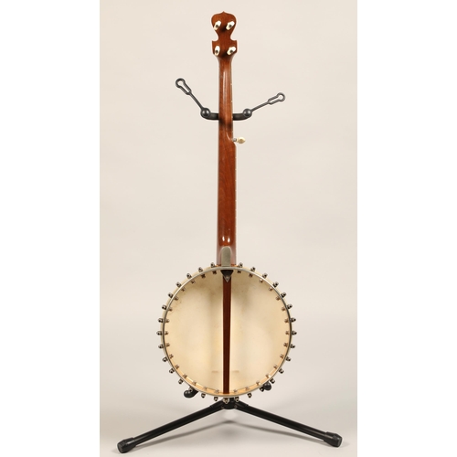 308 - Fretless Banjo, circa 1900,stamped 'Ball B Bevan & co London' with mother of pearl decoration on... 