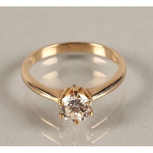 51A - Ladies diamond solitaire, 1 carat diamond set on an unmarked yellow metal shank, ring size O/P.