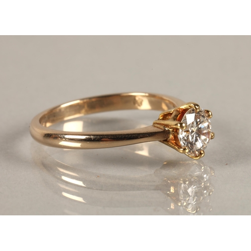 51A - Ladies diamond solitaire, 1 carat diamond set on an unmarked yellow metal shank, ring size O/P.