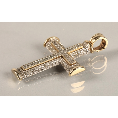 53A - 9ct white and yellow gold mounted diamond encrusted cross pendant, 13 grams.