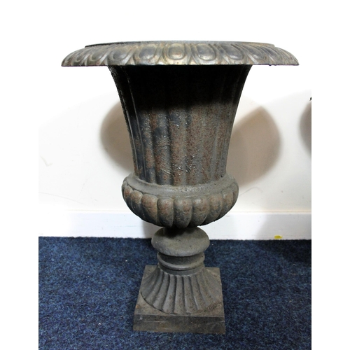 601 - Pair of cast iron campagna style garden urns, H56cm.