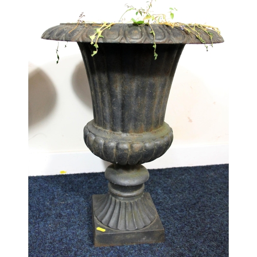 601 - Pair of cast iron campagna style garden urns, H56cm.