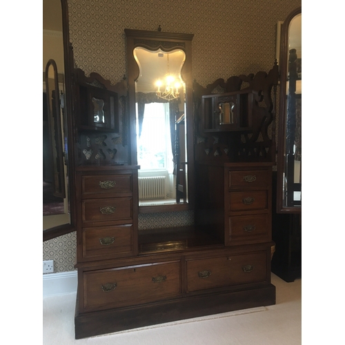 608 - Early 20th century mahogany Duchess style dressing table with central cheval mirror flanked by two p... 