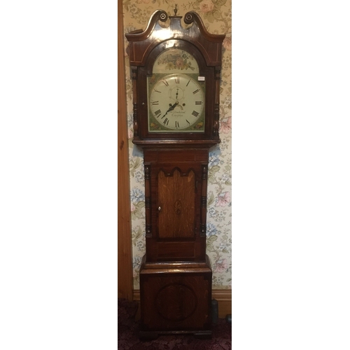 609 - Georgian longcase 'grandfather'clock, the painted dial with Roman Numeral chapter ring, subsidiary s... 