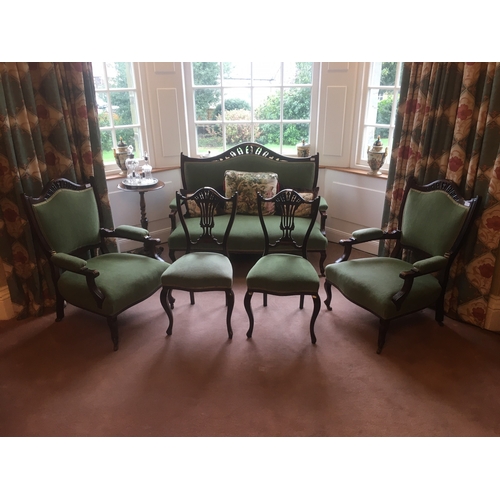 612 - Mahogany framed shield back five piece parlour suite upholstered in green fabric, comprising a two s... 