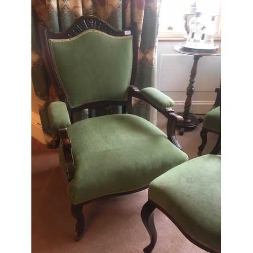 612 - Mahogany framed shield back five piece parlour suite upholstered in green fabric, comprising a two s... 