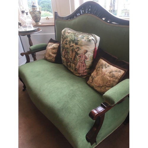 612 - Mahogany framed shield back five piece parlour suite upholstered in green fabric, comprising a two s... 