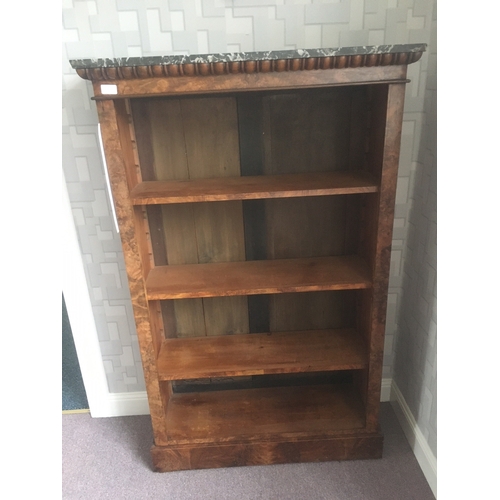 613 - Walnut veneered open bookcase, the faux marble top above turned frieze over four open shelves, raise... 