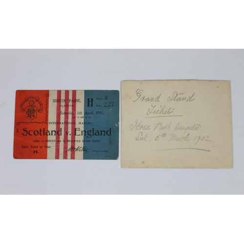 1205 - 1902 Ibrox Park disaster, a Scotland vs England International football match day ticket, Saturday 5t... 