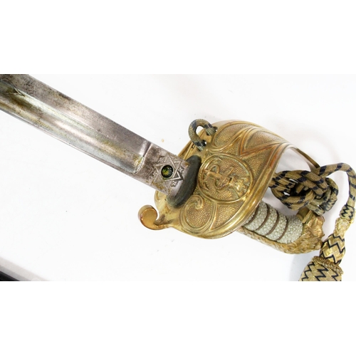 1513 - British Naval officer's sword, the etched blade by J Gieve & Son of Portsmouth with fouled ancho... 