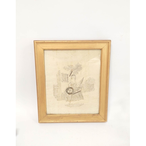 361 - Regency silk work embroidery depicting a lady spinning and worked in print stitches, by Esther Pring... 