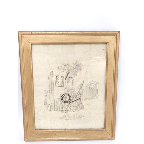361 - Regency silk work embroidery depicting a lady spinning and worked in print stitches, by Esther Pring... 