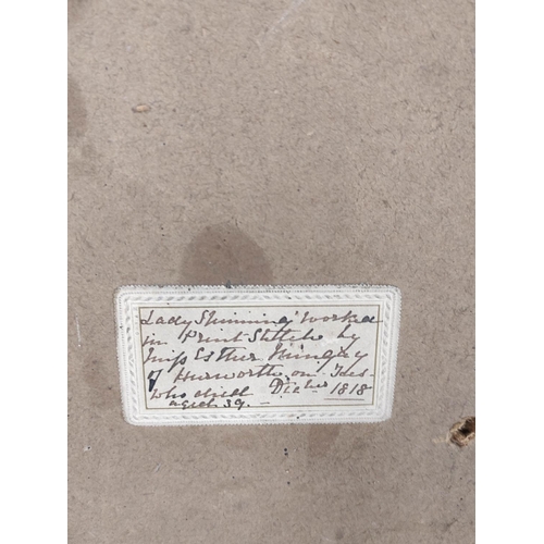 361 - Regency silk work embroidery depicting a lady spinning and worked in print stitches, by Esther Pring... 