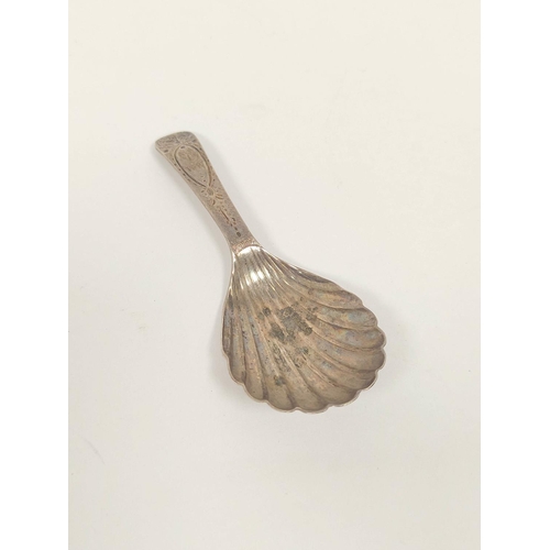 367 - Regency silver caddy spoon, bright cut with scallop bowl, E. Morley 1800. 7.6 grms