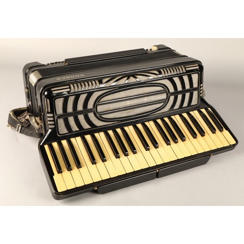 337 - Hohner 2 +1 Accordian circa 1940s, black lacquered body, in wooden carry case