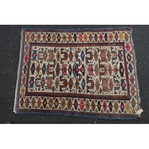 623 - Caucasian rug, the cream ground with polychrome geometric designs within conforming border, 140cm x ... 