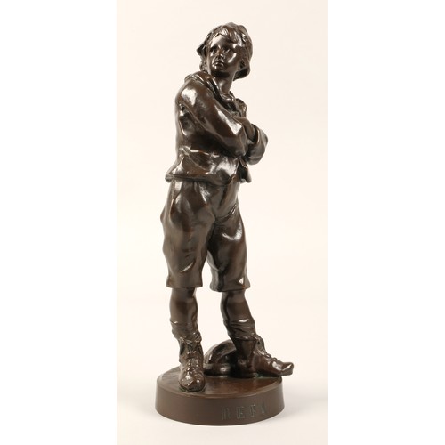 255 - After Anton Nelson (French 1880-1910) 'Defi' bronze figure of a boy with arms crossed and cap, Signe... 