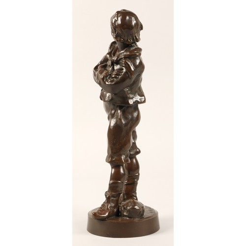 255 - After Anton Nelson (French 1880-1910) 'Defi' bronze figure of a boy with arms crossed and cap, Signe... 