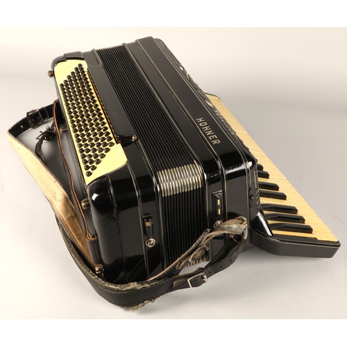 337 - Hohner 2 +1 Accordian circa 1940s, black lacquered body, in wooden carry case