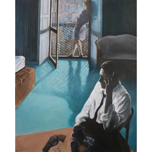 355 - KEN WILSON (American Contemporary) Interior scene with gentleman smoking sat at a table with revolve... 