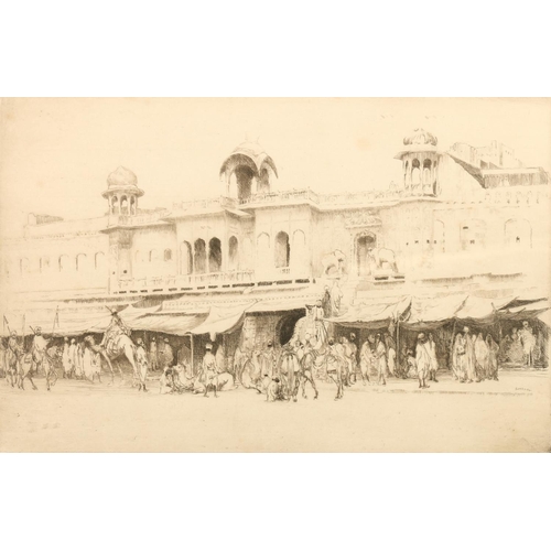 360 - ERNEST STEPHEN LUMSDEN RSA RE (British 1883-1948) Indian riders on camels before a Mughal palace Jai... 