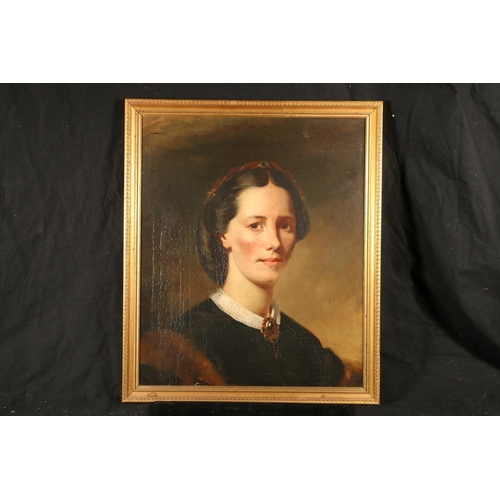 363 - 19TH CENTURY SCHOOL Bust length portrait of a lady in black gown with white collar with Victorian ga... 