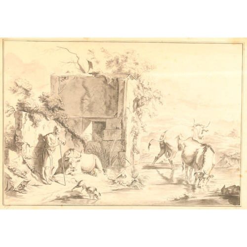 365 - Circle of JEAN BAPTISTE MARIE HUET (1745-1811) Shepherd resting by a ruin with his cattle watering I... 