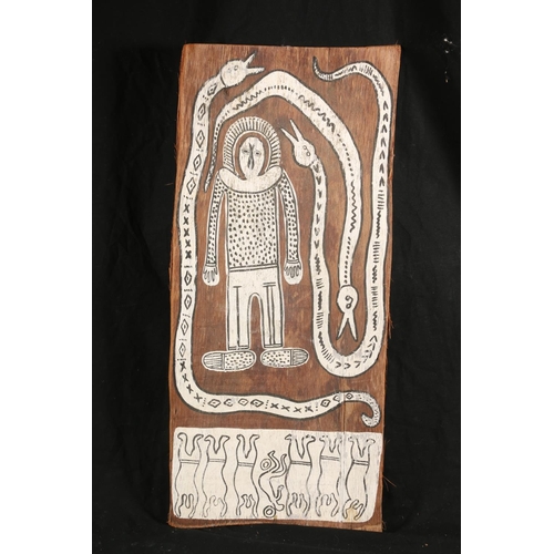 369 - AUSTRALIAN ABORIGINAL SCHOOL, figure and snakes, bark painting on bark, unsigned, 63cm x 29cm.