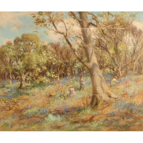 374 - WILLIAM STEWART MACGEORGE RSA (SCOTTISH 1861-1931) Three girls picking flowers in an opening in a fo... 