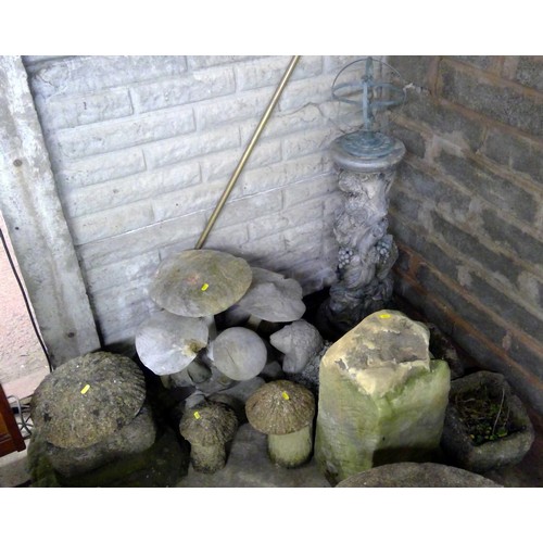 605 - Collection of stone, wooden and composite garden ornaments including sundial on naturalistic plinth ... 