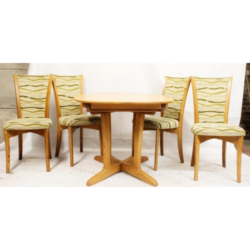 531 - Ercol extending dining table, the oval top on pedestal four leg base, together with four Ercol high ... 