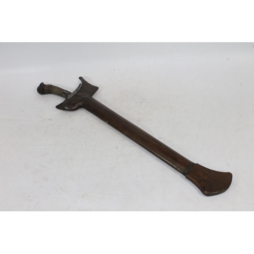 1554 - Malaysian kris with typical ornate flamberge blade, white metal wire bound grip and treen birds head... 