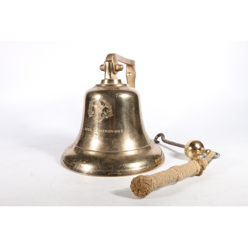 1393 - Masonic interest, a large heavy brass bell in the manner of a ships bell with incised star and bugle... 