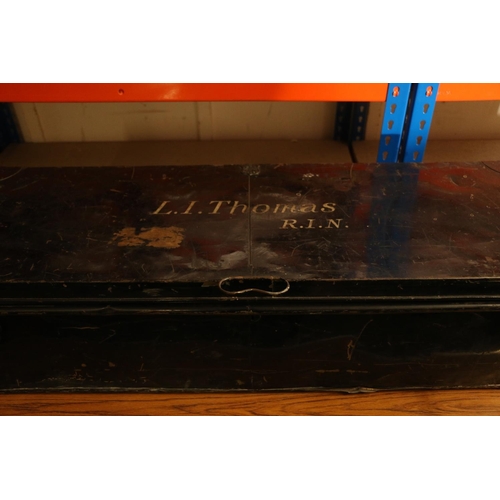 1518 - Black metal military trunk 'L I Thomas RIN' (Royal Indian Navy) containing WWII era kit to include a... 