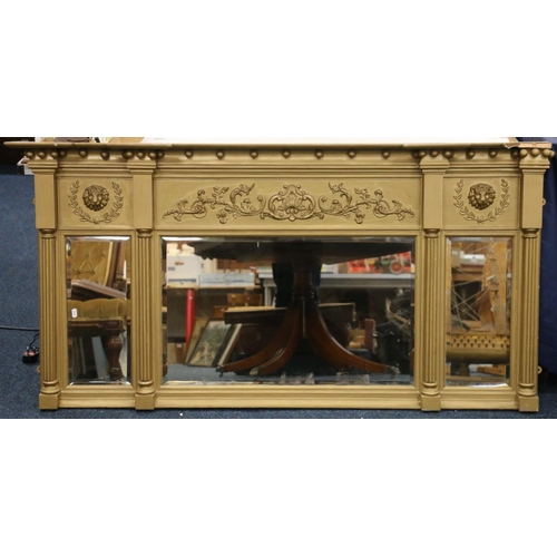 630 - Antique gilt framed triptych over mantle mirror, W155cm.