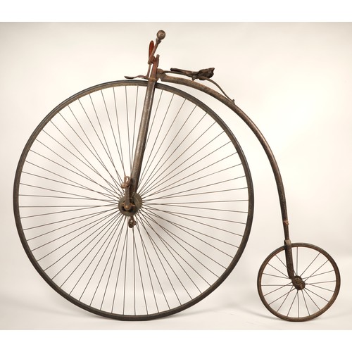 539 - 19th century penny farthing, wheel diameter 134cm, with leather seat and turned wooden handles.