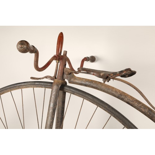 539 - 19th century penny farthing, wheel diameter 134cm, with leather seat and turned wooden handles.