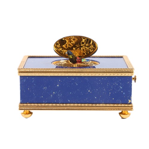 Swiss Reuge Music gilt metal mounted lapis lazuli blue speckled enamel mechanical singing bird box, in original case.