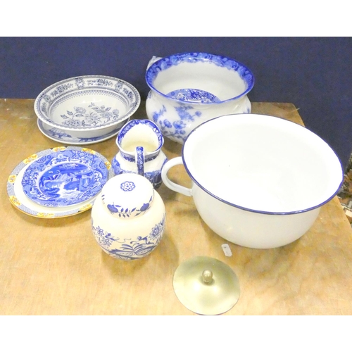 24 - Royal Doulton blue and white chamber pot, various blue and white ware, and a enamel chamber pot.