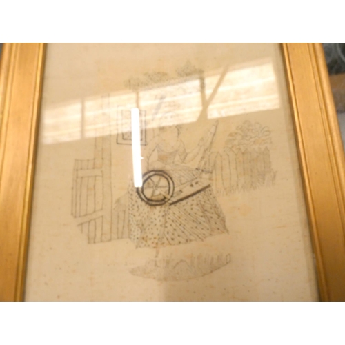 361 - Regency silk work embroidery depicting a lady spinning and worked in print stitches, by Esther Pring... 