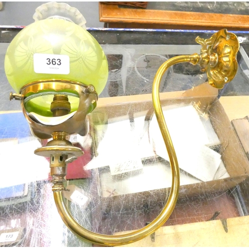 363 - Large brass antique converted wall light with green glass shade.