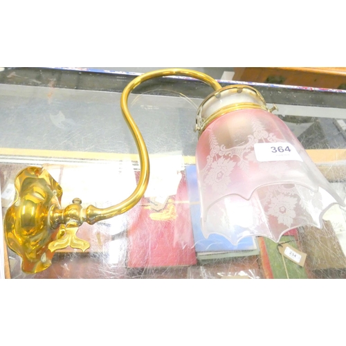 364 - Large brass antique wall light converted with pink glass shade.