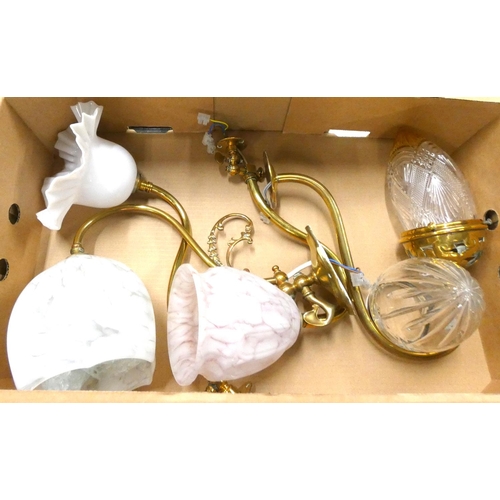 365 - Four various antique brass converted wall lights with glass shades.